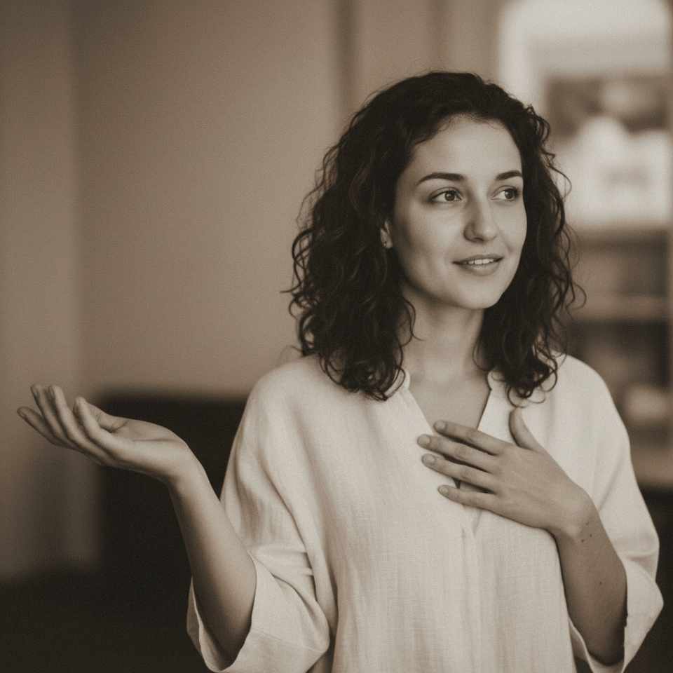 Anna weist mit der rechten Hand leicht nach oben.