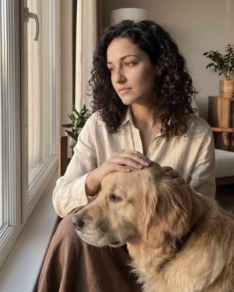 Anna und ihr Hund, ein Golden Retriever, sitzen am Fenster