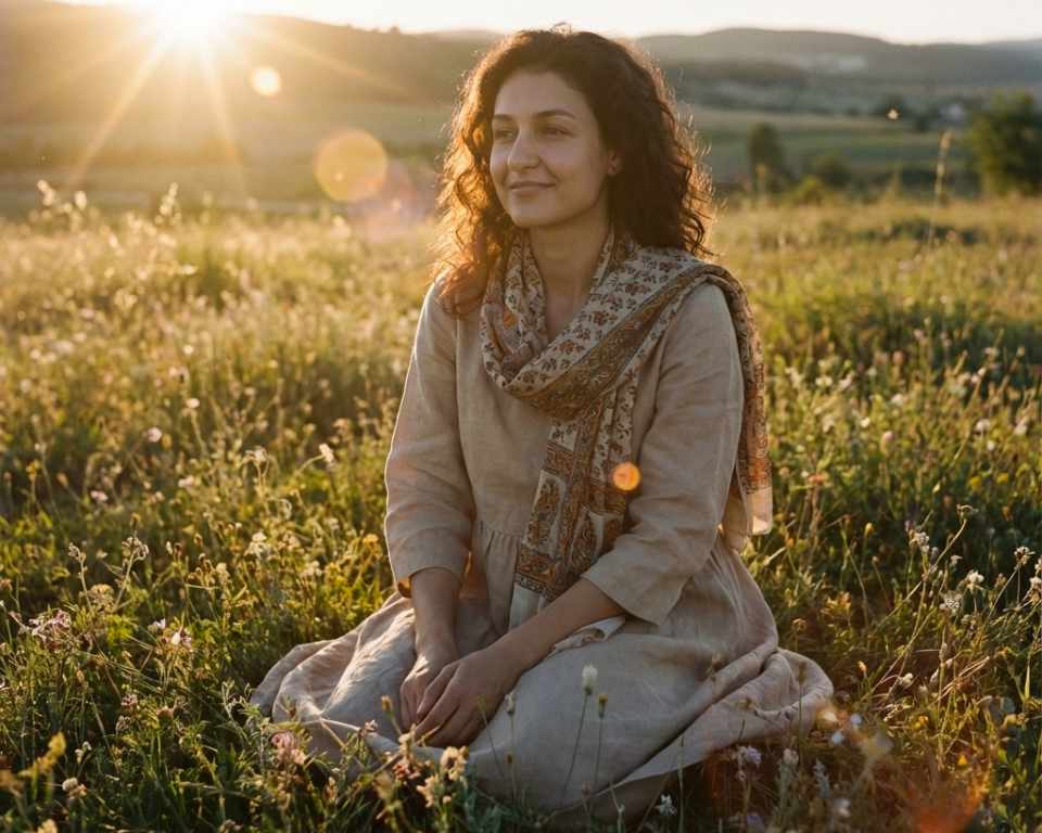 Anna, eine Energetikerin, in einer Wiese kniend.