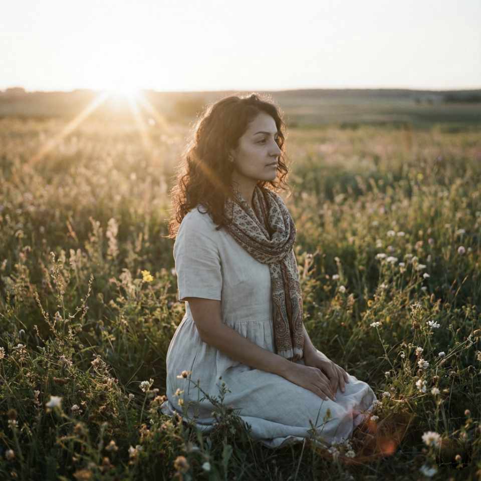 Anna im Sonnenuntergang inmitten einer Wiese.