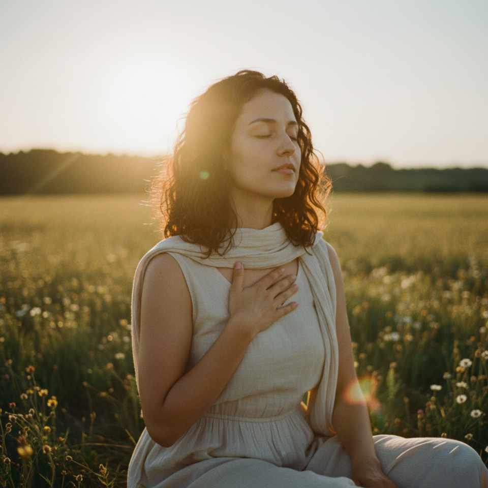 Anna im Sonnenuntergang inmitten einer Wiese.