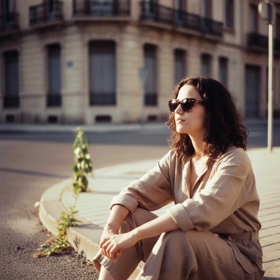 Anna im Sonnenuntergang auf einem Gehsteig sitzend.